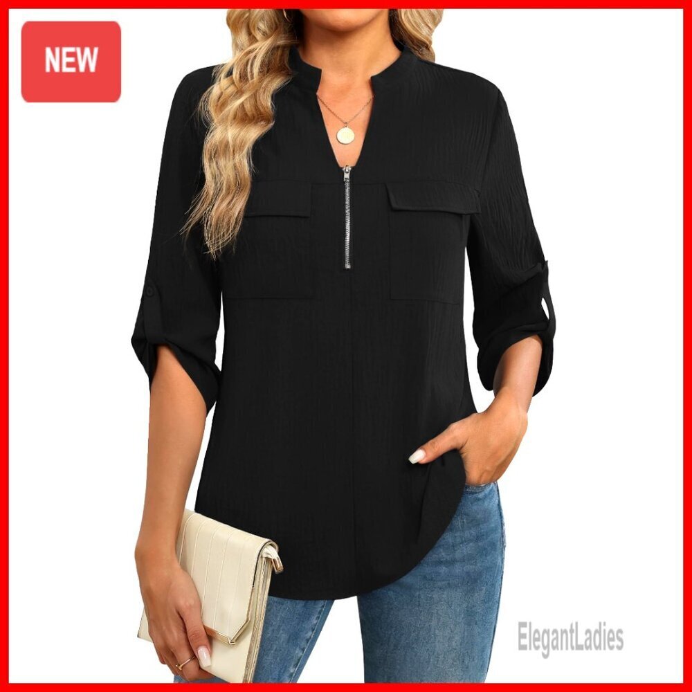 3/4 Sleeve V-Neck Zip Front Blouse Tunic Loose Fit Business Casual